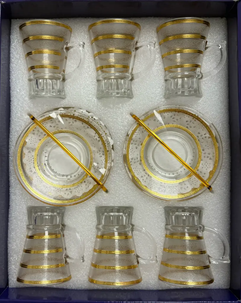 Gold Striped Glass Tea Cup Set, Set of 6