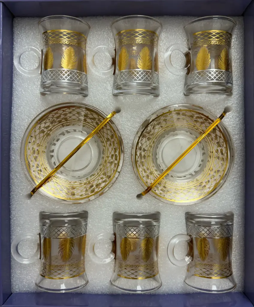 Gold Feather Glass Tea Cup, Set of 6