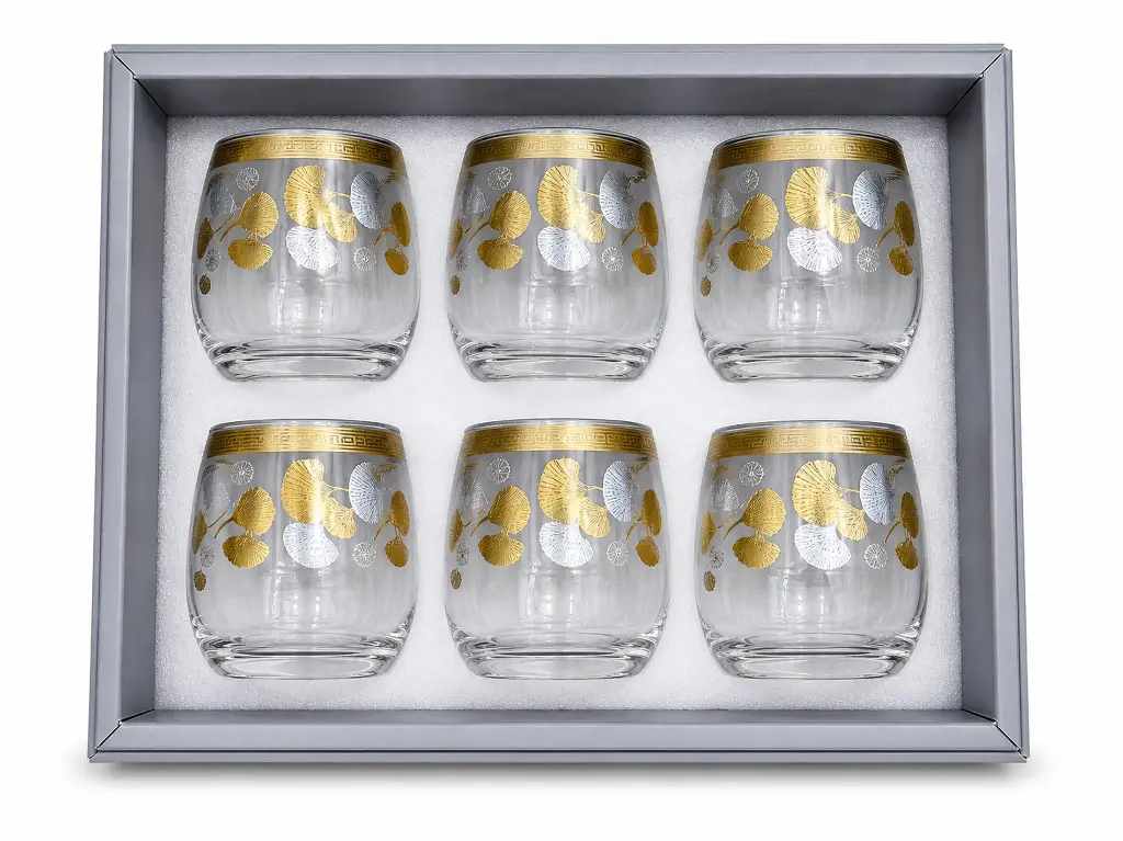 Gold & Silver Ginkgo Leaf Glass Cup, Set of 6