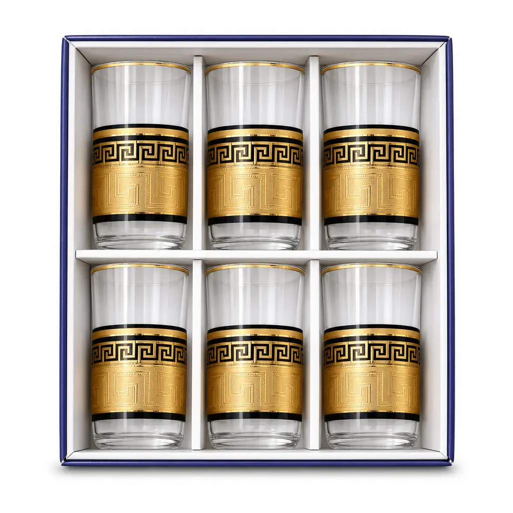 Gold and Black Greek Key Glass Cup, Set of 6