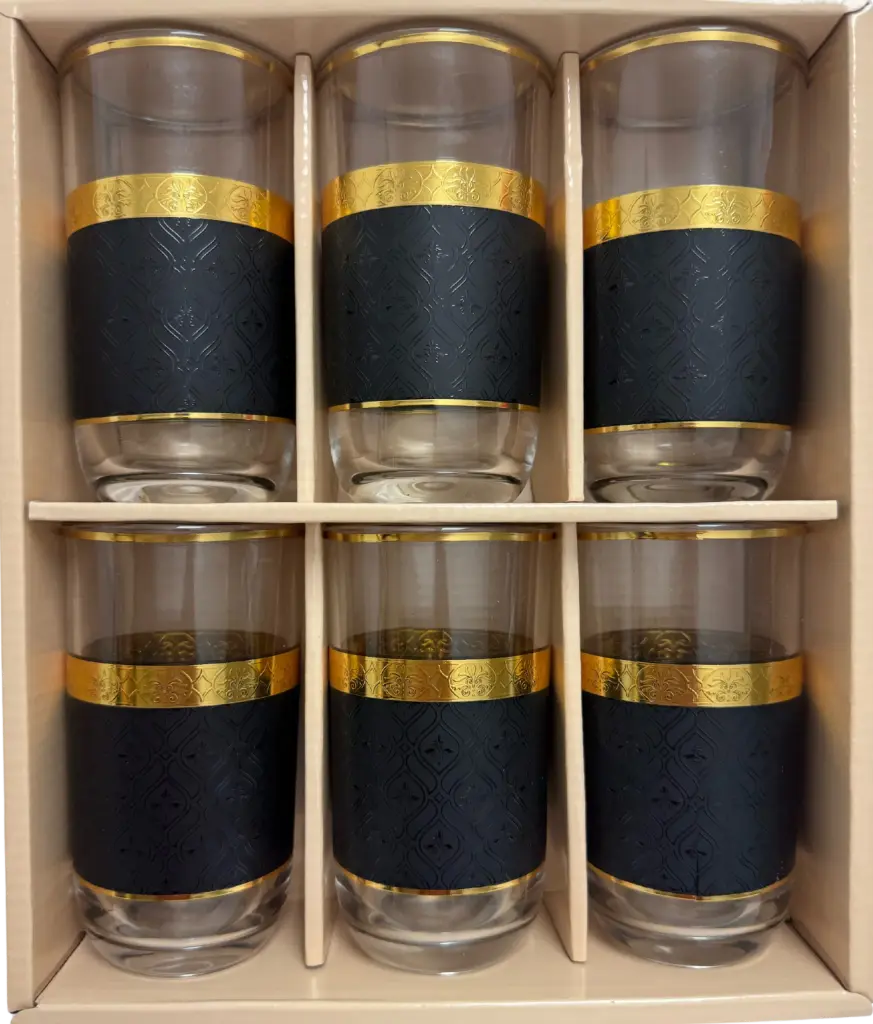 Black & Gold Damask Highball Glass Set, Set of 6