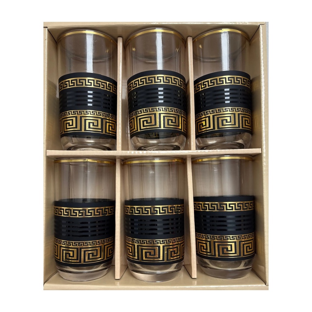 Black & Gold Greek Key Glass Cups, Set of 6