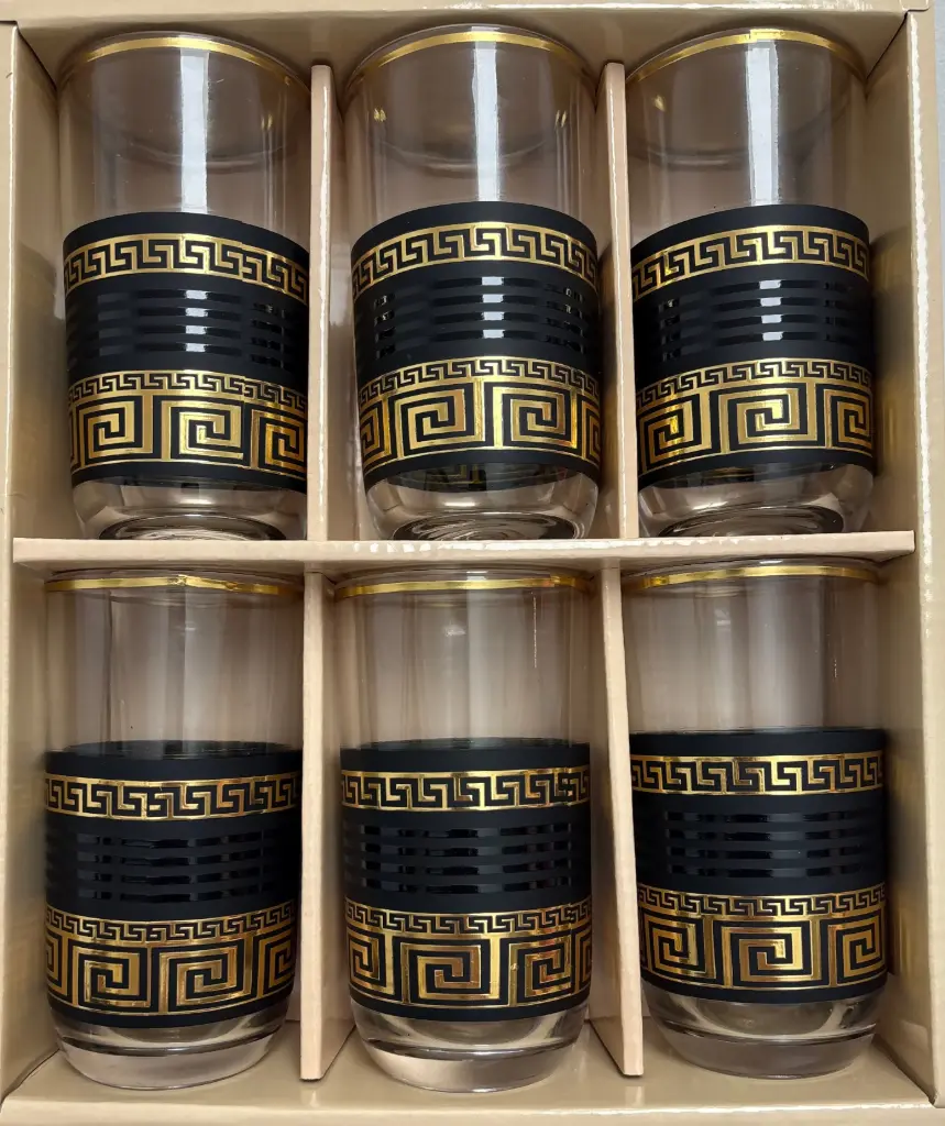 Black & Gold Greek Key Glass Cups, Set of 6