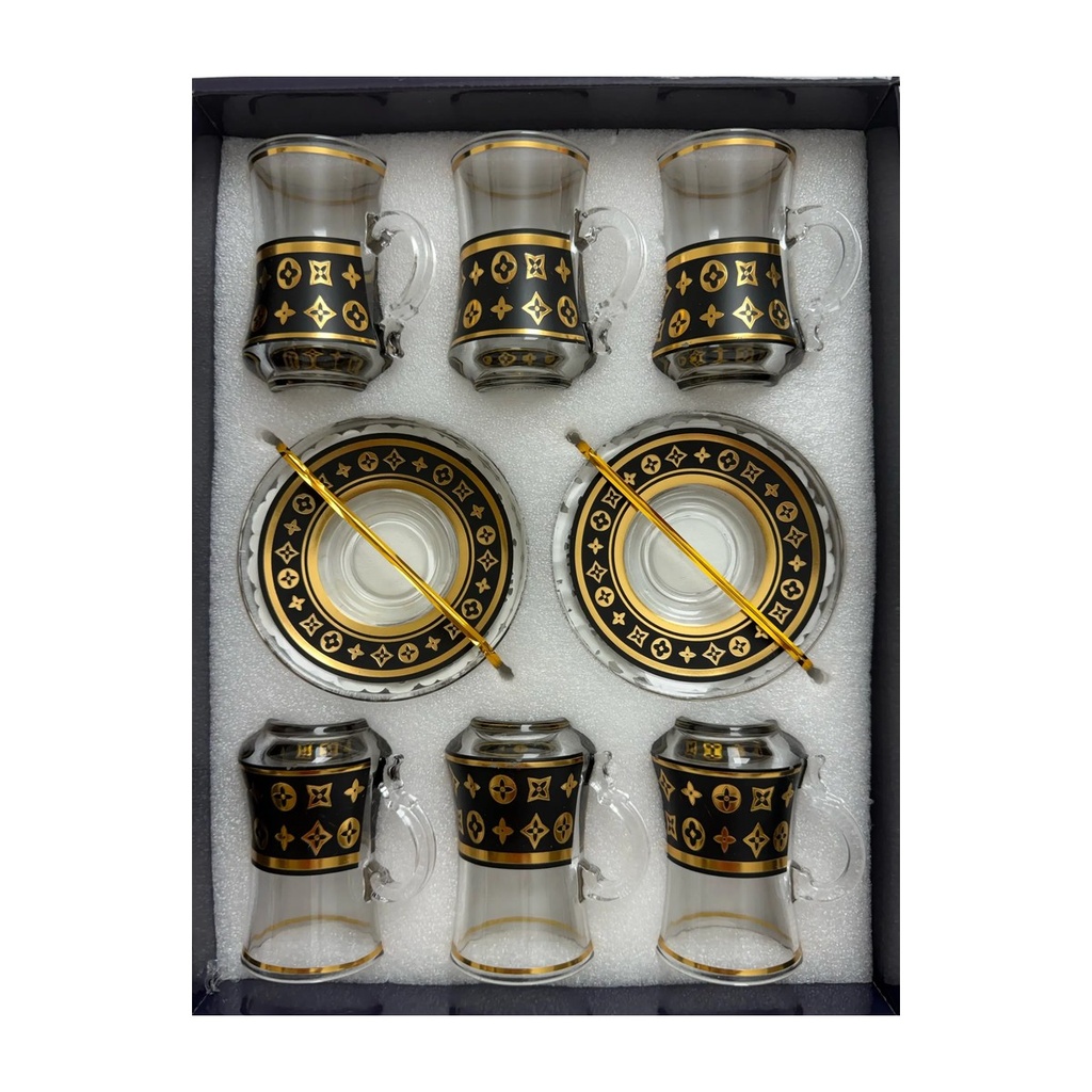 Black and Gold Monogram Glass Tea Set, Set of 6