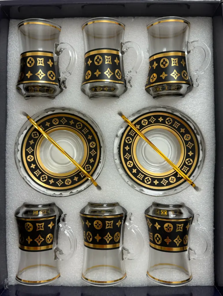 Black and Gold Monogram Glass Tea Set, Set of 6
