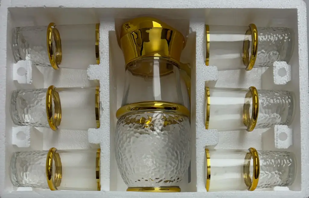 Gold Rim Hammered Glass Pitcher & Cups, 7-Piece