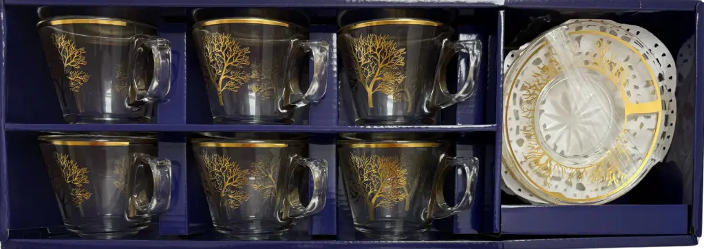 Golden Tree Etched Glass Tea Set, Set of 6