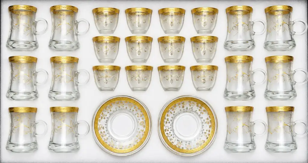 Gold Floral Vine Glass Tea Cups, Set of 24