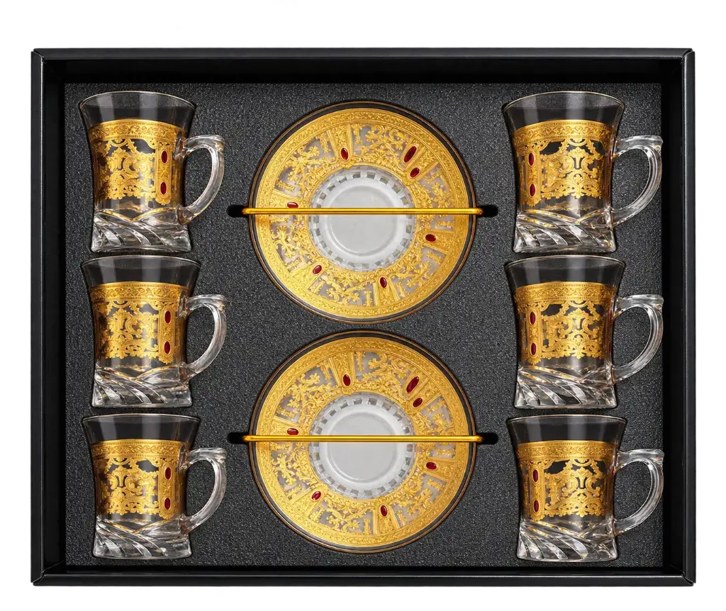 Imperial Ruby Gold Turkish Tea Cup, Set of 6