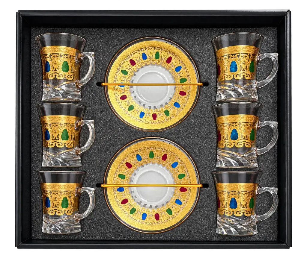 Multicolor Gold Turkish Tea Cup, Set of 6