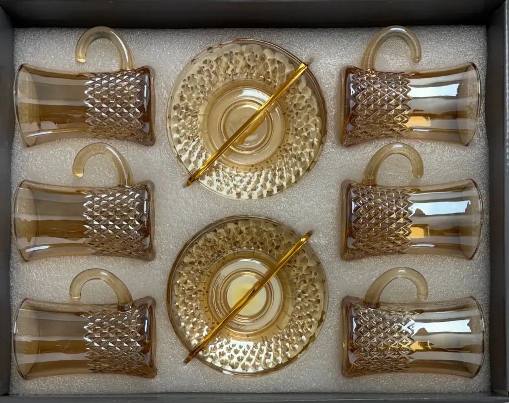 Amber Diamond Cut Tea Cup, Set of 6