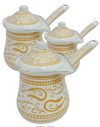 Coffee Pots Enamel White/Gold w/Lid Set of 3