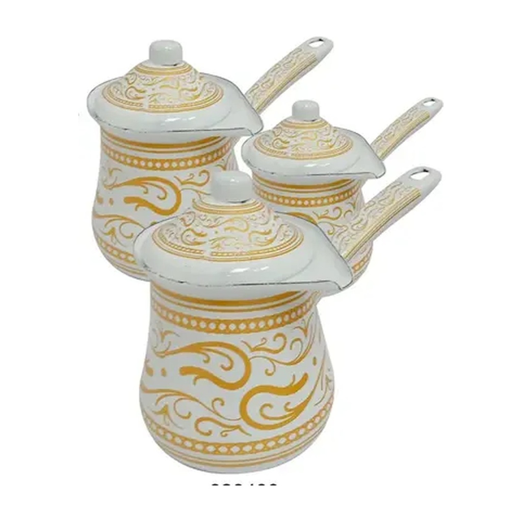 Coffee Pots Enamel White/Gold w/Lid Set of 3