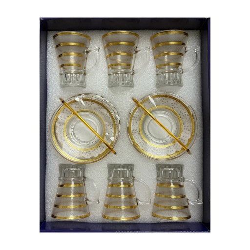 [917648] Gold Striped Glass Tea Cup Set, Set of 6