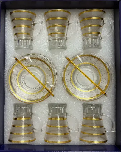 [917747] Gold Striped Glass Tea Cup Set, Set of 6