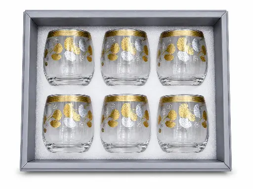 [917792] Gold & Silver Ginkgo Leaf Glass Cup, Set of 6