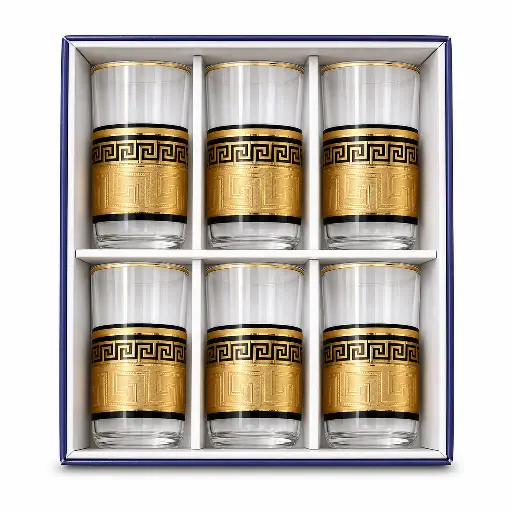 [917839] Gold and Black Greek Key Glass Cup, Set of 6