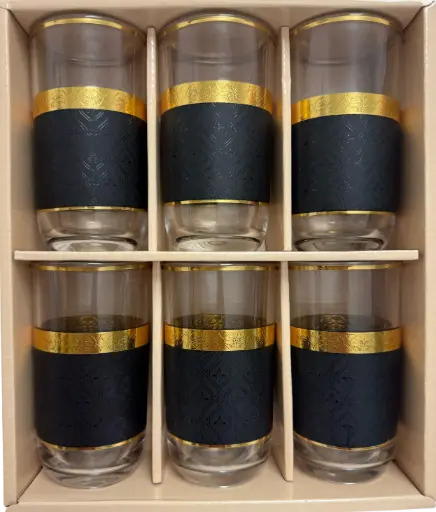 [917846] Black & Gold Damask Highball Glass Set, Set of 6