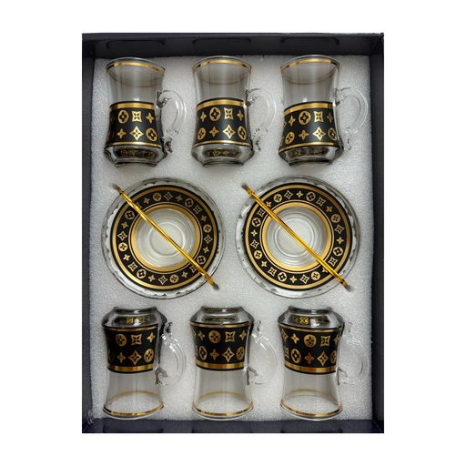 [917921] Black and Gold Monogram Glass Tea Set, Set of 6