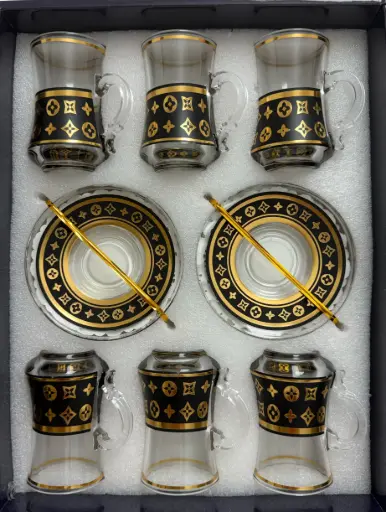 [917921] Black and Gold Monogram Glass Tea Set, Set of 6