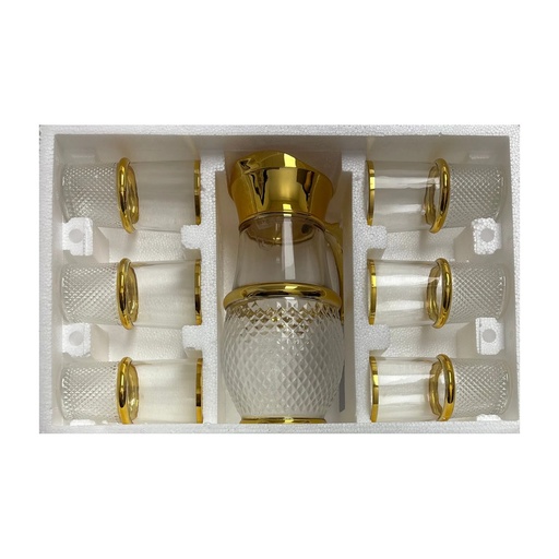 [918485] Royal Gold Diamond Glass Pitcher & 6 Piece Cup Set