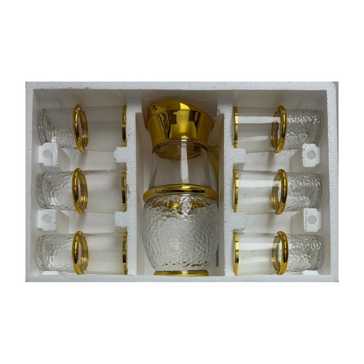 [918508] Gold Rim Hammered Glass Pitcher & Cups, 7-Piece