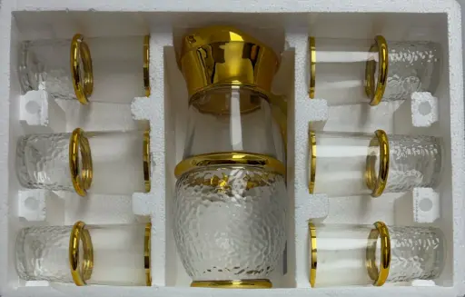 [918508] Gold Rim Hammered Glass Pitcher & Cups, 7-Piece