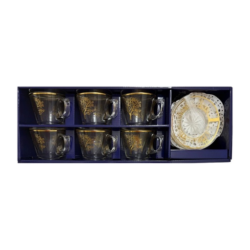 [918577] Golden Tree Etched Glass Tea Set, Set of 6
