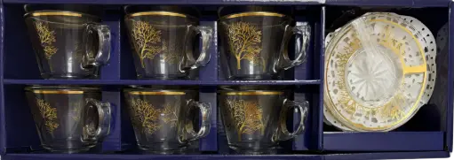 [918577] Golden Tree Etched Glass Tea Set, Set of 6