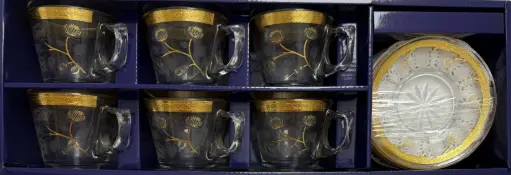 [918591] Gold Floral Branch Glass Tea Set, Set of 6