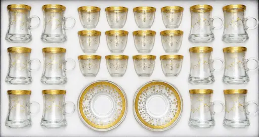 [921324] Gold Floral Vine Glass Tea Cups, Set of 24