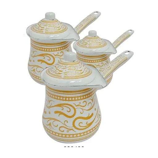 [920464] Coffee Pots Enamel White/Gold w/Lid Set of 3
